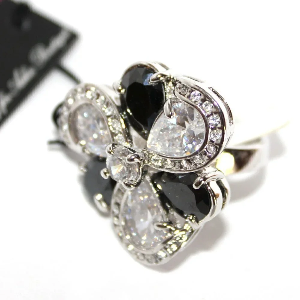Womens Glamour Black Cz White Flower Cubic Zirconia Cocktail Party Chunky Ring 6